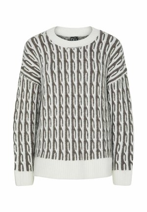 Gebreide trui in lichtcrème met een verticale kettingpatroon in grijs. Voorzien van een ronde halslijn en geribde manchetten en zoom.