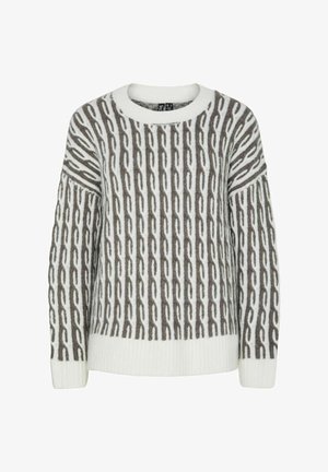 Pleteni pulover v svetlo kremni barvi z navpičnim verižnim vzorcem v sivi barvi. Ima okrogel izrez in rebraste manšete ter spodnji rob.