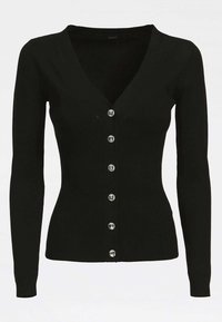 Černý žebrovaný cardigan s véčkovým výstřihem, dlouhými rukávy a šesti stříbrnými knoflíky vpředu. Obsahuje strukturovanou látku.