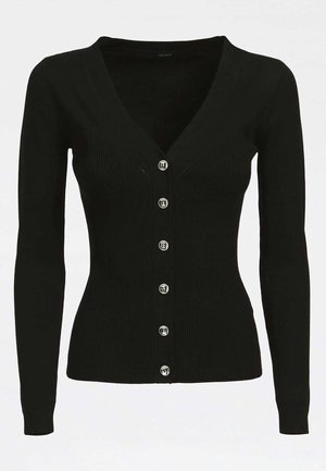 Svart ribbad cardigan med V-hals, långa ärmar och sex silverfärgade knappstängningar fram. Har texturerad tyg.