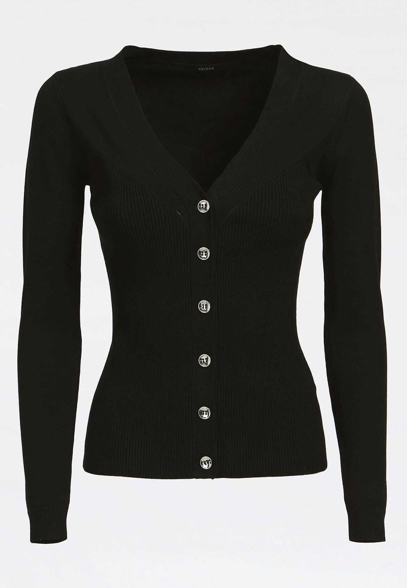 Černý žebrovaný cardigan s véčkovým výstřihem, dlouhými rukávy a šesti stříbrnými knoflíky vpředu. Obsahuje strukturovanou látku.