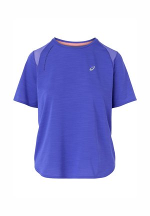 Purple athletic T-shirt with short sleeves, round neck, textured fabric, and contrasting shoulder accents. Features a logo on the chest.