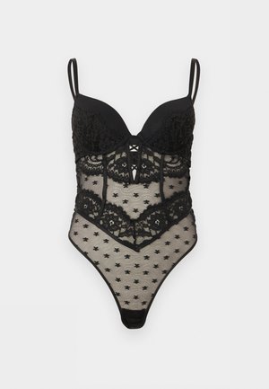 Μαύρο κορμάκι από δαντέλα με λουλουδένια και αστέρι μοτίβα, επενδυμένες κούπες, ρυθμιζόμενους ιμάντες ώμου και διάφανα πάνελ από δίχτυ.