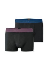 Schwarze Baumwoll-Boxershorts, eine mit einem lila Bund und die andere mit einem blauen Bund, mit einer engen Passform und glatter Textur.
