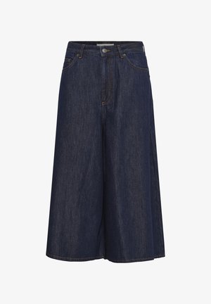 Culottes en denim bleu foncé à jambes larges, fermeture devant par bouton et zip, passants de ceinture et poches avant.