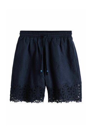 Navy blue elastic waist shorts with drawstring, subtle floral embroidery, and intricate lace trim along the hem.