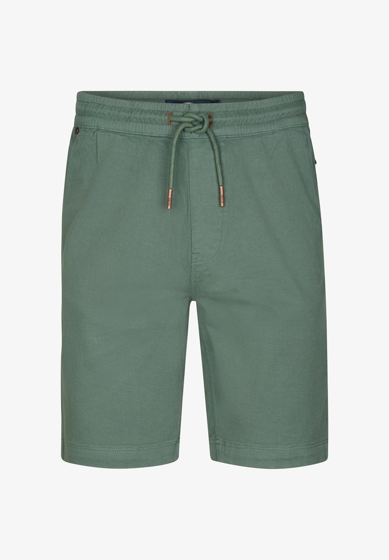Groene casual herenshorts met elastische tailleband en trekkoord, zijzakken en een rechte pijp.