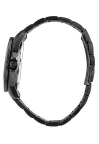 Schwarze Edelstahl-Uhr mit strukturiertem Gehäuse, transparentem Zifferblatt und Gliederarmband. Verfügt über eine seitliche Krone und eine glatte Oberfläche.