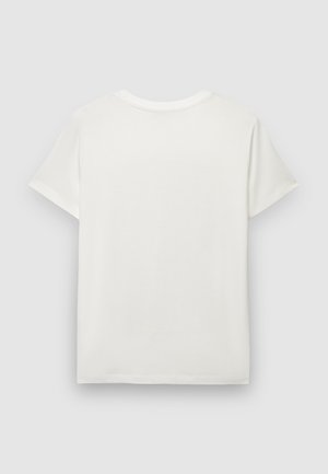 Weißes Baumwoll-T-Shirt mit kurzen Ärmeln, Rundhalsausschnitt und lockerer Passform. Verfügt über eine glatte Textur und ein schlichtes, sauberes Design.