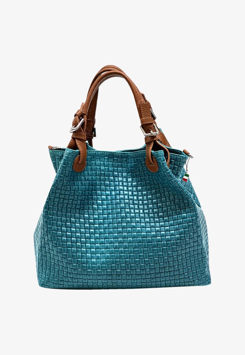 Sac en tresses teal avec des poignées en cuir marron ; forme spacieuse et structurée ; équipé de quincaillerie en argent et d'un petit accent du drapeau italien.