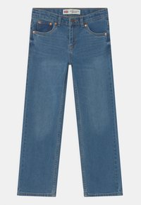 Blue straight-leg jeans made of denim with copper hardware, featuring five pockets and a faded look. Stitched seams visible on the legs.