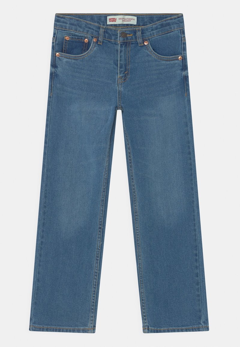 Blue straight-leg jeans made of denim with copper hardware, featuring five pockets and a faded look. Stitched seams visible on the legs.