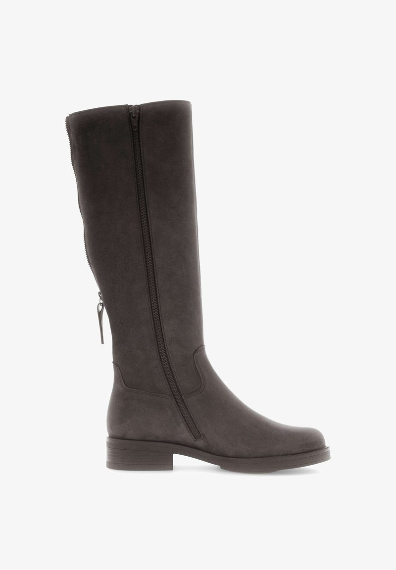 Bottes marron foncé montantes avec fermeture éclair sur le côté, petit talon, bout arrondi et finition mate lisse.