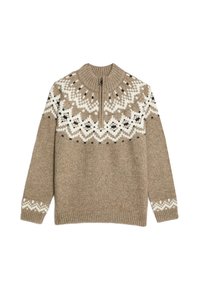 Maglione marrone a maglia con colletto con zip, caratterizzato da un design geometrico bianco e nero sul petto e polsini decorati.