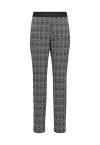 Schwarz-weiße gemusterte Hose mit einem Zickzackdesign, elastischem Bund und geraden Beinen. Hergestellt aus einem weichen, strukturierten Stoff.