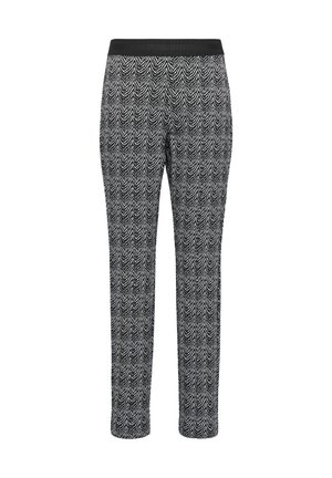 Black and white patterned pants featuring a zigzag design, elastic waist, and straight legs. Made from a soft, textured fabric.