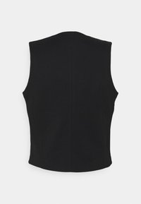 Veste noire sans manches ajustée avec un col montant et des détails subtils de coutures, vue de dos sur un fond blanc.