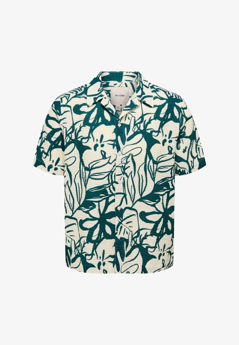 Kurzärmliges Hemd aus strukturiertem Stoff mit grünem Blumenmuster auf cremefarbenem Hintergrund. Mit Kragen und Knopfleiste.