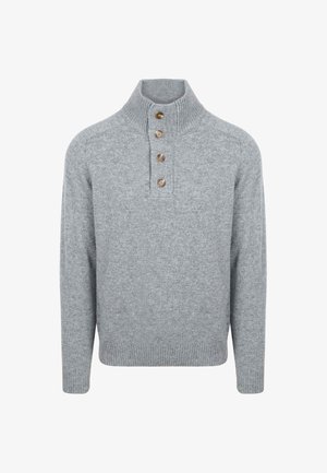 Light gray knit sweater with high collar and four brown buttons down the front center, ribbed cuffs and hem.