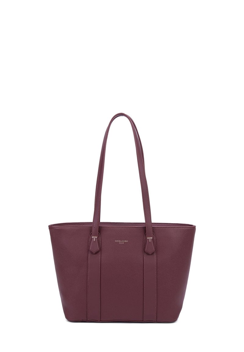 Sac fourre-tout bourgogne en simili cuir lisse et texturé, avec des poignées doubles et un design minimaliste mettant en avant un logo de marque subtil et des accents hexagonaux.