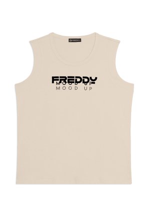 Top beige senza maniche con scollo rotondo, con testo nero "FREDDY MOOD UP" stampato al centro del petto.