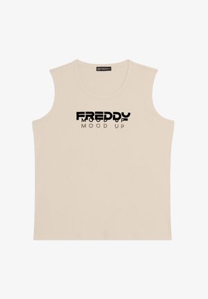 Top beige senza maniche con scollo rotondo, con testo nero "FREDDY MOOD UP" stampato al centro del petto.