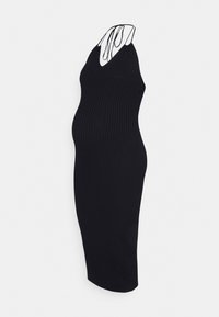 Vestido de malha canelada preto com silhueta ajustada, decote em V e alças finas. Apresenta uma textura suave e um corte até ao joelho.