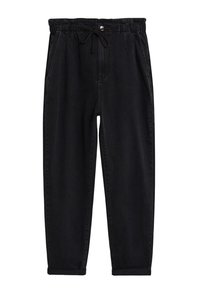 Pantalon en denim noir avec taille élastique, cordon de serrage ajustable et poches latérales. Jambe effilée avec ourlets retroussés. Texture lisse.