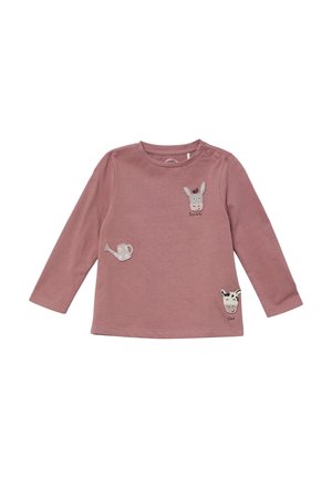 Roze blouse met lange mouwen, gemaakt van zachte stof, met geborduurde dierontwerpen: een ezel, een koe en een gieter.