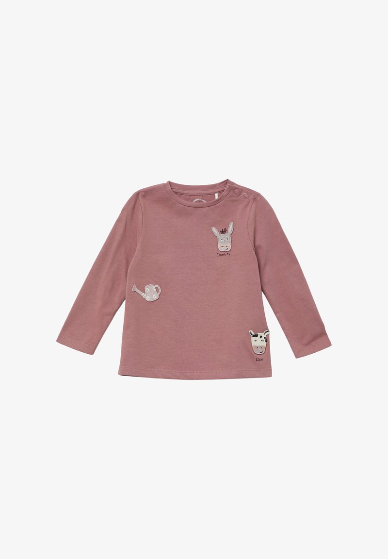 Langärmliges pinkes Hemd aus weichem Stoff, mit gestickten Tiermotiven: einem Esel, einer Kuh und einer Gießkanne.