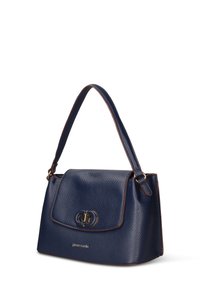 Marineblauwe leren handtas met een gestructureerde vorm, een textuur oppervlak, een bovenhandvat, goudkleurige accenten en een flapsluiting met logodetail.