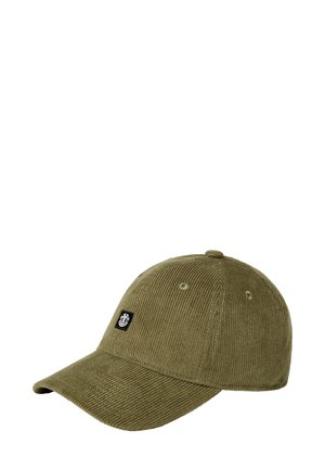 Olive green corduroy cap with a curved brim, six-panel design, and a black logo patch on the front, featuring ventilation holes.