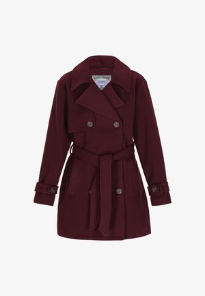 Manteau en laine bordeaux avec un design à double boutonnage, larges revers, ceinture amovible et poignets boutonnés. Dispose de deux poches avant.