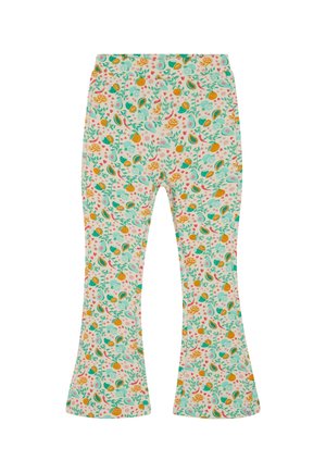 Leggings évasés sur un fond clair avec un motif coloré de fruits et de fleurs, fabriqués à partir d'un tissu doux pour le confort et une facilité de port.