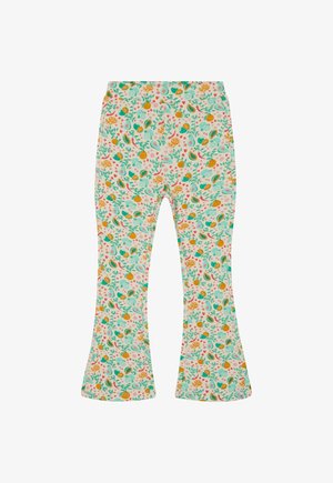 Leggings acampanados sobre un fondo claro con un colorido patrón de frutas y flores, hechos de una tela suave para mayor comodidad y facilidad de uso.
