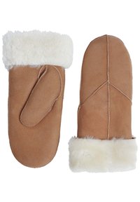 Brune ruskindshandsker med en fluffy hvid pelskant. Viser et simpelt design med en enkelt tommelfinger og syningsdetaljer.