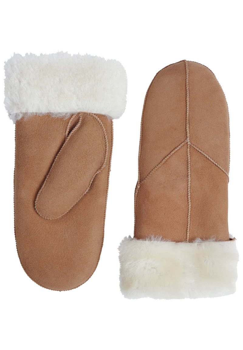 Brune ruskindshandsker med en fluffy hvid pelskant. Viser et simpelt design med en enkelt tommelfinger og syningsdetaljer.