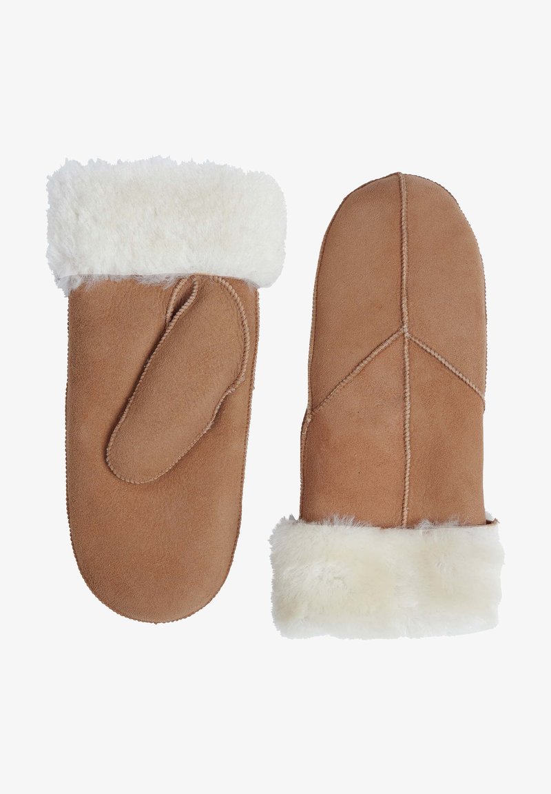 Moufles en suède marron avec un poignet en fourrure blanche et fluffy. Présente un design simple avec un seul pouce et des détails cousus.