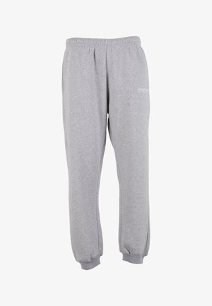 Gray sweatpants made of soft fabric, featuring an elastic waistband, tapered cuffs, and subtle logo detailing on the side.