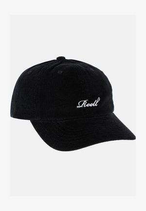 Schwarze Cord-Pitcher-Kappe mit gebogenem Schirm und gesticktem "Reell"-Logo in Weiß auf der Vorderseite. Verfügt über gestickte Details.