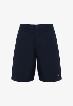 Marineblaue, knielange Herrenshorts mit Knopf- und Reißverschluss, Gürtelschlaufen und kleinem Markenlogo am unteren linken Saum.