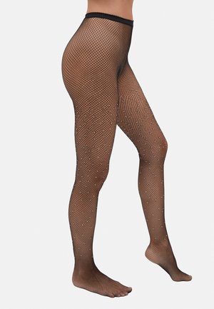 Tights de red negras con acentos de rhinestones brillantes, un patrón texturizado y una cintura elástica. Tela semitransparente con malla de diamante abierta.