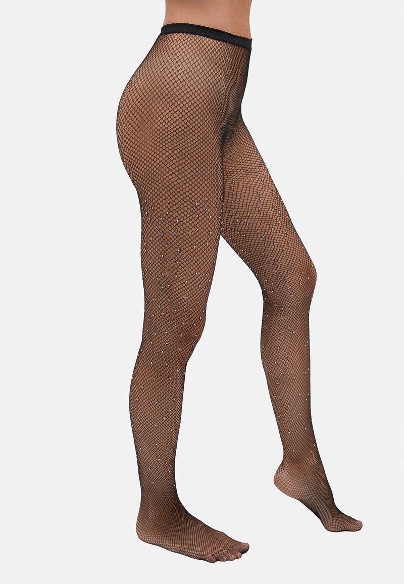 Tights de red negras con acentos de rhinestones brillantes, un patrón texturizado y una cintura elástica. Tela semitransparente con malla de diamante abierta.
