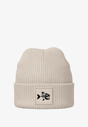 Cream-colored knit beanie with a ribbed texture and a folded cuff. Features a square patch displaying a black fish skeleton graphic.