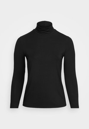 Chemise noire à manches longues avec col roulé et coupe ajustée, présentée sur un fond uni gris clair.