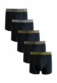 Sorte boxer briefs med elastisk talje, prydet med geometriske mønstre i guld og sølv. Fem par vist i en stablet opstilling.