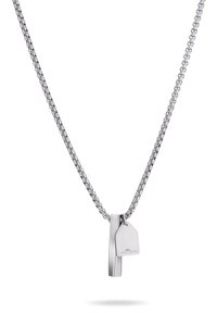 Zilveren roestvrijstalen ketting met een fraaie schakel. Bevat twee hangers: een gladde staaf en een tag-vormig stuk met ingesneden logo.