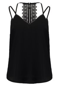 Svart ärmlös topp med spetsdetaljer vid halsringningen och en subtil V-formad design. Slät tyg med justerbara axelremmar.