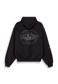 Sudadera negra con un gran gráfico de boca adornado con rhinestones en la parte de atrás. Incluye capucha con cordón y puños de canalé.
