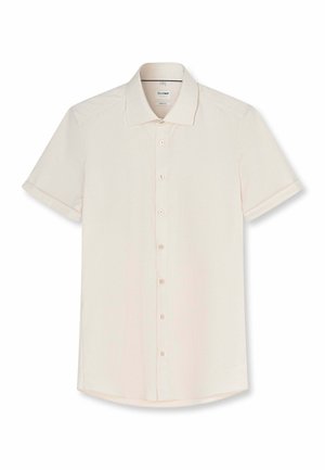 Light beige short-sleeve button-up shirt with a classic collar, seven buttons, and a subtly textured fabric.
